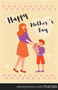 Mothers day greeting card flat vector template. Son congratulate mom, giving flowers on pink background. Family holiday postcard design layout. Poster, banner with cartoon characters and lettering