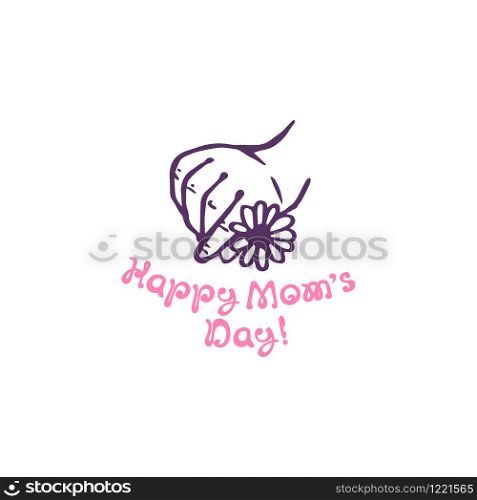 Mothers day hand drawn greeting card with flower in hand and handwritten text. Inscription - Happy moms day. Mothers day hand drawn greeting card with flower in hand