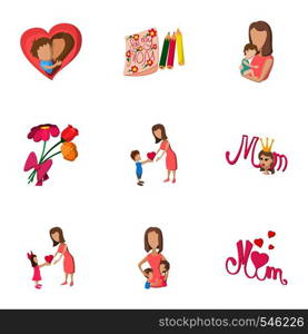 Mothers day holiday icons set. Cartoon illustration of 9 mothers day holiday vector icons for web. Mothers day holiday icons set, cartoon style