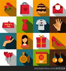 Mothers day icons set. Flat illustration of 16 Mothers day vector icons for web. Mothers day icons set, flat style