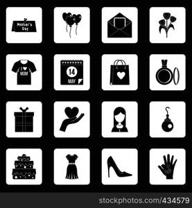 Mothers day icons set in white squares on black background simple style vector illustration. Mothers day icons set squares vector