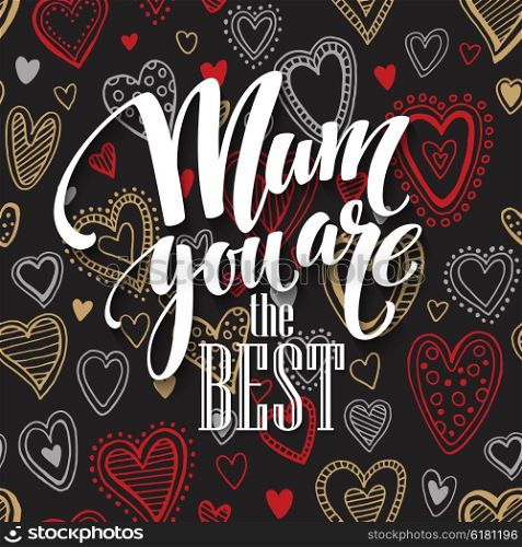 Mothers Day vector greeting card. Hand drawn calligraphy lettering title with heart seamless pattern. Black background.. Mothers Day vector greeting card. Hand drawn calligraphy lettering title with heart seamless pattern. Black background. EPS10