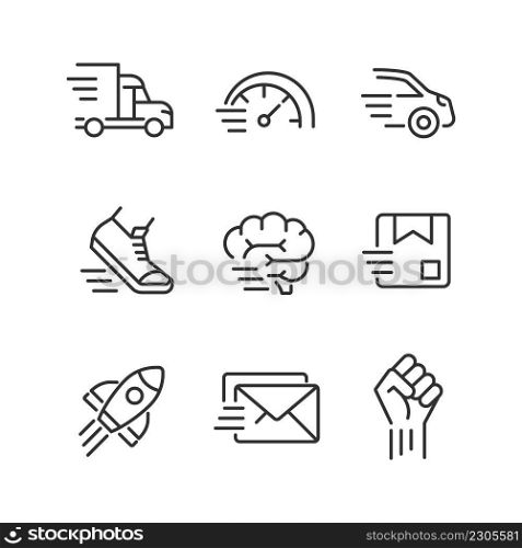 Motion and speed pixel perfect linear icons set. Fast motor vehicle. Parcel and letter delivery. Customizable thin line symbols. Isolated vector outline illustrations. Editable stroke. Motion and speed pixel perfect linear icons set