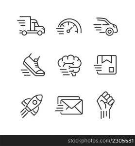 Motion and speed pixel perfect linear icons set. Fast motor vehicle. Parcel and letter delivery. Customizable thin line symbols. Isolated vector outline illustrations. Editable stroke. Motion and speed pixel perfect linear icons set