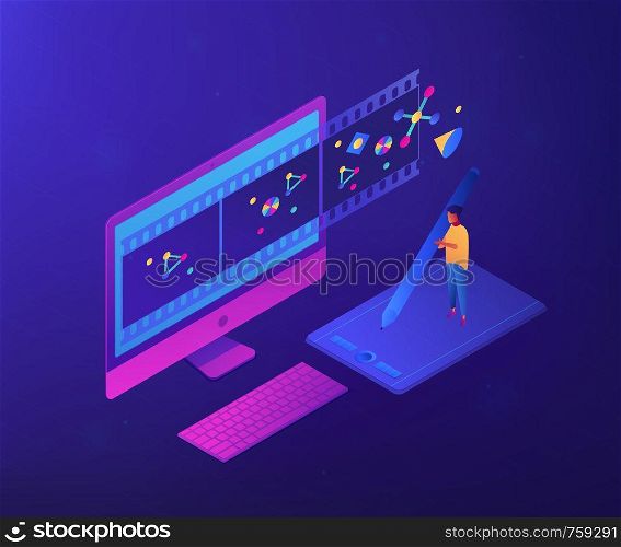 Motion graphic designer with pencil at computer screen creating video. Motion graphic design, video production service, motion designer work concept. Ultraviolet neon vector isometric 3D illustration.. Motion graphic design isometric 3D concept illustration.