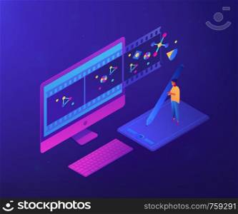 Motion graphic designer with pencil at computer screen creating video. Motion graphic design, video production service, motion designer work concept. Ultraviolet neon vector isometric 3D illustration.. Motion graphic design isometric 3D concept illustration.