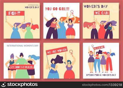 Motivate Feminist Card Set International Women Day Concept Girls with Flags and Placards Fighting for Rights and Equality, Proclaiming Rules, Propagating Feminism Flat Vector Cartoon Illustration. International Women Day Motivate Feminist Card Set