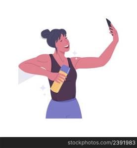 Motivate friends isolated cartoon vector illustrations. Muscular girl takes selfies after workout in the gym and send it to friends, healthy and active lifestyle, doing fitness vector cartoon.. Motivate friends isolated cartoon vector illustrations.