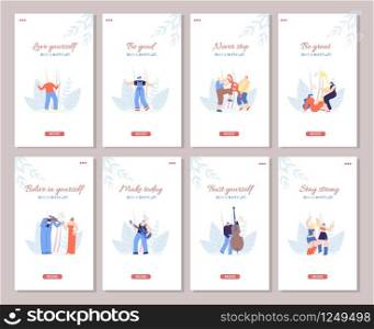 Motivate Social Media Stories Party Style Big Set. Inspiration Text Positive Attitude Cartoon Dancing Playing Instruments Happy People Flat Vector Illustration. Floral Music Motivation Template. Motivate Social Media Stories Text Party Style Set