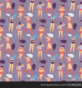 Motivate Woman Seamless Flat Pattern with Foliage Decor on Colored Backdrop Love Body Positive Happy Active Summer Time Concept Vector Illustration Plus Size Girls Doing Fitness Stretching Exercising. Motivate Woman Seamless Flat Pattern Foliage Decor