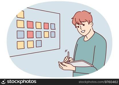 Motivated businessman brainstorm wok with sticky notes on board in office. Male employee or worker involved in creative thinking at workplace. Vector illustration.. Male employee brainstorm near board in office