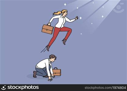 Motivated businesswoman jump over male colleague back reaching business career goal. Confident woman worker approach purpose aim use coworker as stepping stone. Success concept. Vector illustration.. Motivated businesswoman reach career work goal