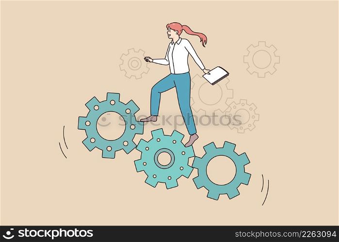 Motivated businesswoman move up career ladder strive for goal achievement at workplace. Confident female employee climb gear mechanism accomplish success. Flat vector illustration.. Motivated businesswoman move up career gear mechanism