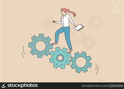 Motivated businesswoman move up career ladder strive for goal achievement at workplace. Confident female employee climb gear mechanism accomplish success. Flat vector illustration.. Motivated businesswoman move up career gear mechanism
