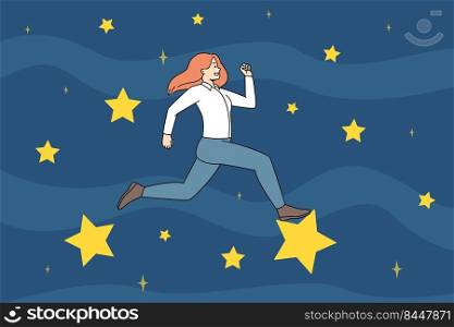 Motivated businesswoman running on stars strive for new career achievements. Happy confident woman employee jump to goal and target. Vector illustration.. Motivated businesswoman running on stars to success