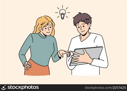 Motivated diverse employees use tablet brainstorm develop business strategy or plan together. Smiling man and woman generate business idea online on pad. Teamwork concept. Vector illustration.. Diverse employees brainstorm using tablet together