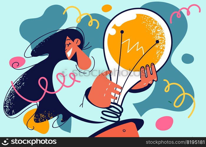 Motivated happy young woman holding lightbulb excited with creative innovative business idea. Smiling female get problem solution or find answer. Vector illustration.. Smiling woman holding lightbulb