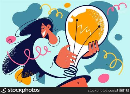 Motivated happy young woman holding lightbulb excited with creative innovative business idea. Smiling female get problem solution or find answer. Vector illustration.. Smiling woman holding lightbulb