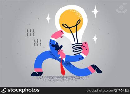 Motivated male employee hold lightbulb brainstorm generate creative business idea. Happy businessman involved in thinking. New startup or project implementation or launch. Vector illustration. . Businessman with lightbulb generate creative idea