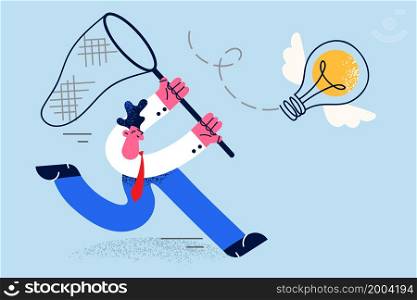 Motivated male employee with sack hunt for creative business idea. Businessman hold net catch flying lightbulb, seek solution of problem. Brainstorm, innovation concept. Vector illustration. . Motivated businessman hunt for creative business idea