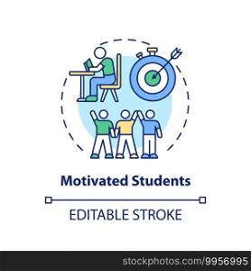 Motivated students concept icon. Online tutoring benefits. Be more excited to learn and participate idea thin line illustration. Vector isolated outline RGB color drawing. Editable stroke. Motivated students concept icon