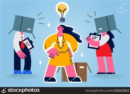 Motivated woman employee brainstorm get innovative business idea. Confident girl worker involved in creative thinking process in office. Innovation and motivation. Flat vector illustration. . Motivated woman employee get innovative business idea