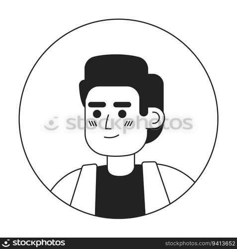 Motivated young asian man monochrome flat linear character head. Optimistic brunette. Editable outline hand drawn human face icon. 2D cartoon spot vector avatar illustration for animation. Motivated young asian man monochrome flat linear character head