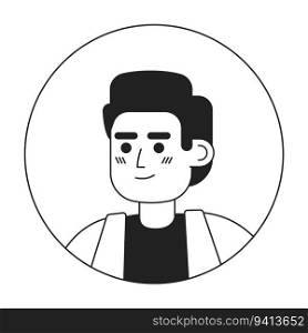 Motivated young asian man monochrome flat linear character head. Optimistic brunette. Editable outline hand drawn human face icon. 2D cartoon spot vector avatar illustration for animation. Motivated young asian man monochrome flat linear character head