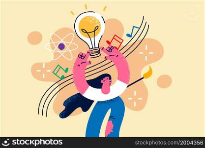 Motivated young woman employee hold lightbulb generate new innovative business idea. Successful girl engaged in creative thinking brainstorm over project. Innovation. Vector illustration. . Motivated woman generate creative business idea
