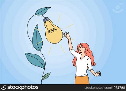 Motivated young woman grow creative business idea, caress lightbulb come from flower. Happy girl brainstorm develop strategy or startup. Creativity, inspiration. Vector illustration.. Motivated woman develop creative business idea