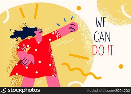 Motivated young woman raise hands up strive for career success or promotion. Happy confident female reach business goals or achievement. Win or victory, winner and leadership. Vector illustration. . Motivated woman strive for career success