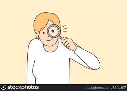 Motivated young woman with magnifier look for new opportunities and perspectives. Smiling female with magnifying glass search for options. Vector illustration.. Motivated woman with magnifier search for options