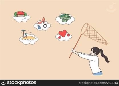 Motivated young woman with net strive for goals achievement. Happy girl with sack run for aim or target accomplishments. Dream or plan, visualization concept. Flat vector illustration.. Motivated girl with net run for dreams and goals