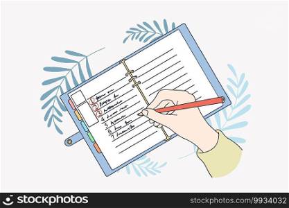 Motivation and aiming for new life concept. Human hands making list of resolutions for starting new life writing in planner and making notes vector illustration, top view . Motivation and aiming for new life concept