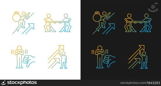 Motivation complications and results gradient icons set for dark and light mode. Facing criticism. Thin line contour symbols bundle. Isolated vector outline illustrations collection on black and white. Motivation complications and results gradient icons set for dark and light mode