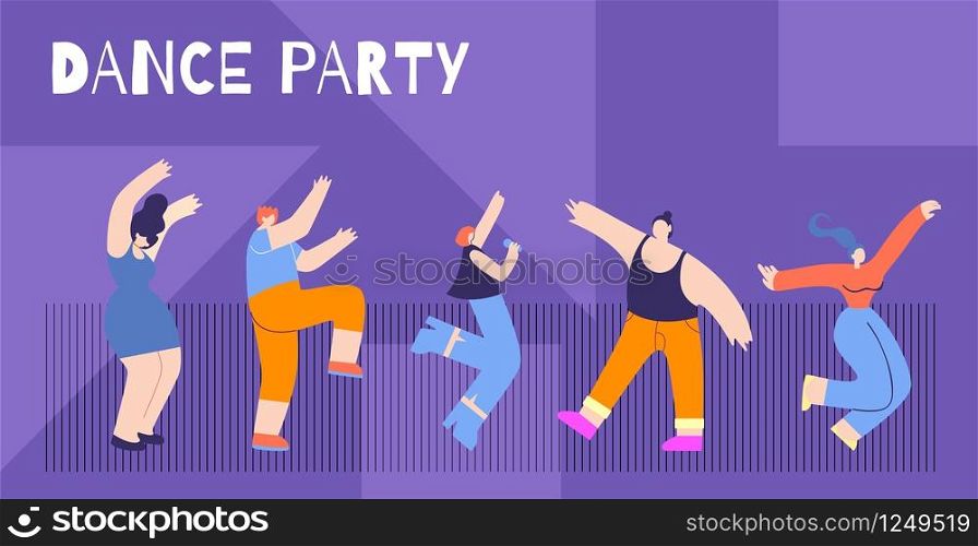 Motivation Flat Horizontal Card Text Dance Party Freedom Take Life Max Concept Cartoon Happy Girl Boy Dancing Clubbing Singing Song Having Fun Vector Style Illustration Inspirational Banner Template. Motivation Flat Card Text Dance Party Concept