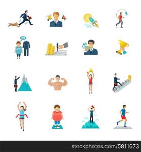 Motivation in office work and sport icons flat set isolated vector illustration. Motivation Icons Flat