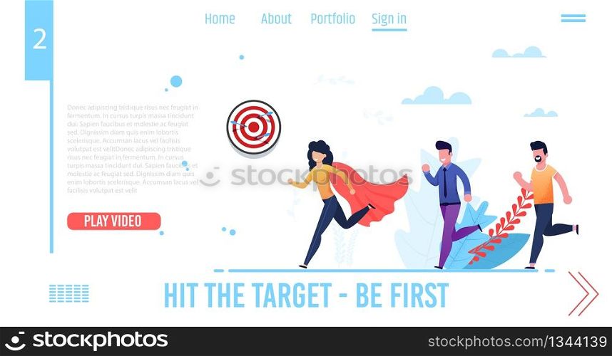 Motivation Landing Page for Video Business Courses, Coaching, Training. Hit Target and Be First. Cartoon Woman in Super Hero Red Cloak and Two Men Running after Characters. Vector Flat Illustration. Motivation Landing Page for Video Business Courses