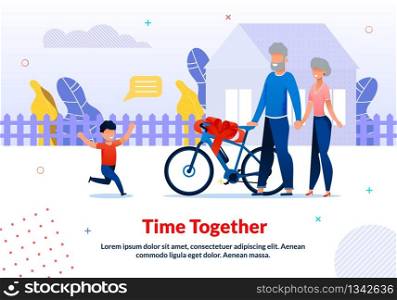 Motivation Poster Spending Time with Relatives. Happy Smiling Grandson Meeting Loving Grandparents Arrived by Bicycle. Boy Running to Hug. House Yard with Fence. Vector Flat Cartoon Illustration. Motivation Poster Spending Time with Relatives