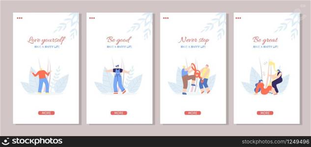 Motivation Stories Social Media Set Template with Cartoon Music People. Love Yourself Be Good Great Never Stop Inspiration Phrases Have Happy Life Concept. Flat Vector Illustration Floral Music Style. Motivate Happy Life Stories Social Media Flat Set