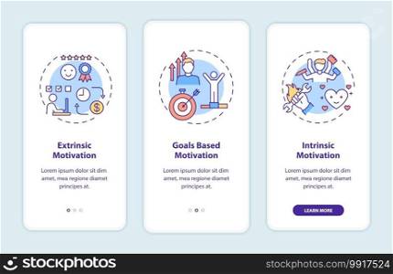 Motivation types onboarding mobile app page screen with concepts. Extrinsic and intrinsic motivation walkthrough 3 steps graphic instructions. UI vector template with RGB color illustrations. Motivation types onboarding mobile app page screen with concepts