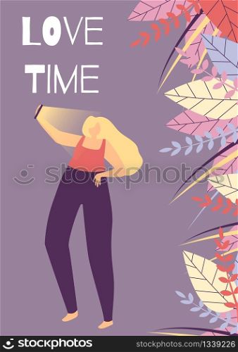 Motivational Banner Template with Inscription Love Time Flat Vector Floral Ornament Illustration Cartoon Plus Size Woman Character Adoring her Beauty Believing in Yourself Body Positive Concept. Love Time Flat Cartoon Woman Motivational Banner