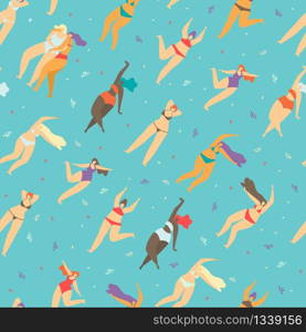 Motivational Body Positive Concept Flat Seamless Pattern in Vector Design with Diagonally Placed Happy Dancing Multiracial Women in Underwear on Colored Floral Backdrop Inspiration Texture Love Figure. Motivational Body Positive Flat Seamless Pattern
