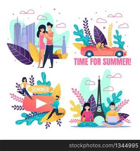 Motivational Summer Cartoon Illustration Flat Set. Vector People, Married Couples Going on Vacation. Invitation to Spend Fun Summertime. Travelling and Rest. Voyage to Europe. Natural Design. Motivational Summer Cartoon Illustration Flat Set