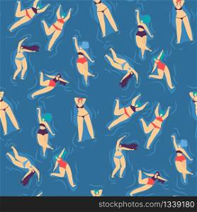 Motivational Woman Flat Seamless Texture Template Love Body Positive Concept Vector Water Splash Color Design Illustration with Top View Plus Size Girls Swimming and Posing Enjoying Recreation. Swimsuit Swimming Relaxing Woman Seamless Pattern