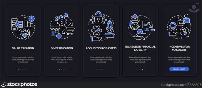 Motives for mergers night mode onboarding mobile app screen. Fusion walkthrough 5 steps editable graphic instructions with linear concepts. UI, UX, GUI template. Myriad Pro-Bold, Regular fonts used. Motives for mergers night mode onboarding mobile app screen