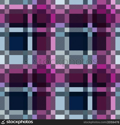 Motley seamless rectangular vector pattern as a tartan plaid mainly muted violet, magenta, pink and blue hues with diagonal lines, texture for flannel shirt, plaid, clothes and other textile