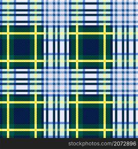 Motley seamless rectangular vector pattern as tartan plaid mainly blue, green and yellow hues, texture for flannel shirt, plaid, clothes and other textile