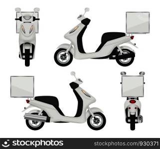 Moto bike realistic. Views of scooter for delivery service auto top side back vector 3d transport isolated. Scooter urban transport, speed drive transportation illustration. Moto bike realistic. Views of scooter for delivery service auto top side back vector 3d transport isolated