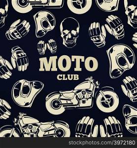 Moto club grunge vintage background. Motorcycle and helmet. Vector illustration. Moto club grunge vintage background